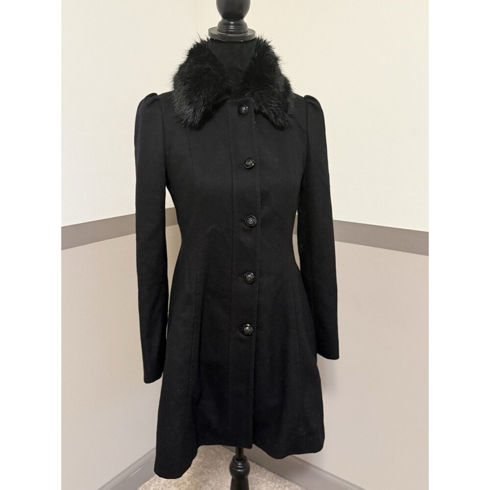 Banana Republic Italian Wool Blend Tailored Coat Black Faux Fur Collar Sz XS